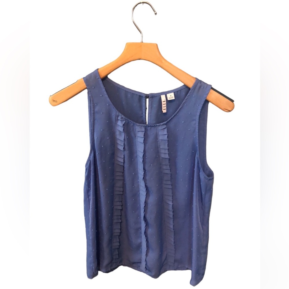 Elle Blue Scoop Neck Sleeveless Blouse With Dots And Ruffles Medium EUC
